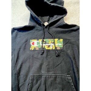 Champion Reverse Weave Hoodie Mens L Black Camo Logo Sweatshirt Athleisure Urban